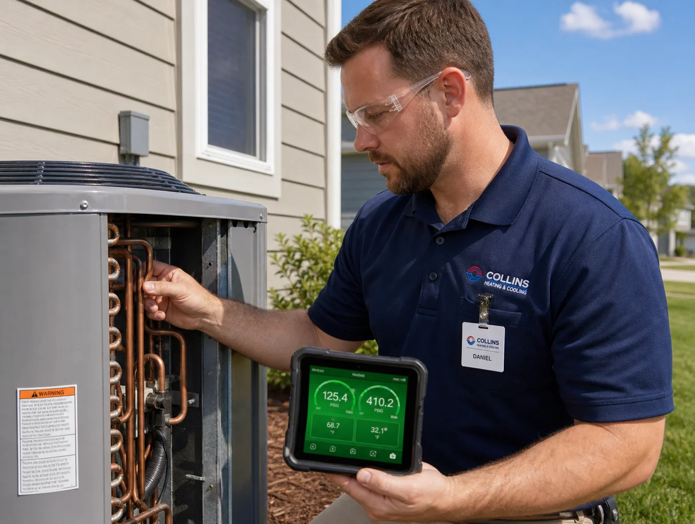 Certified HVAC technician inspecting cooling manifold gauge pressures in Sandy Springs