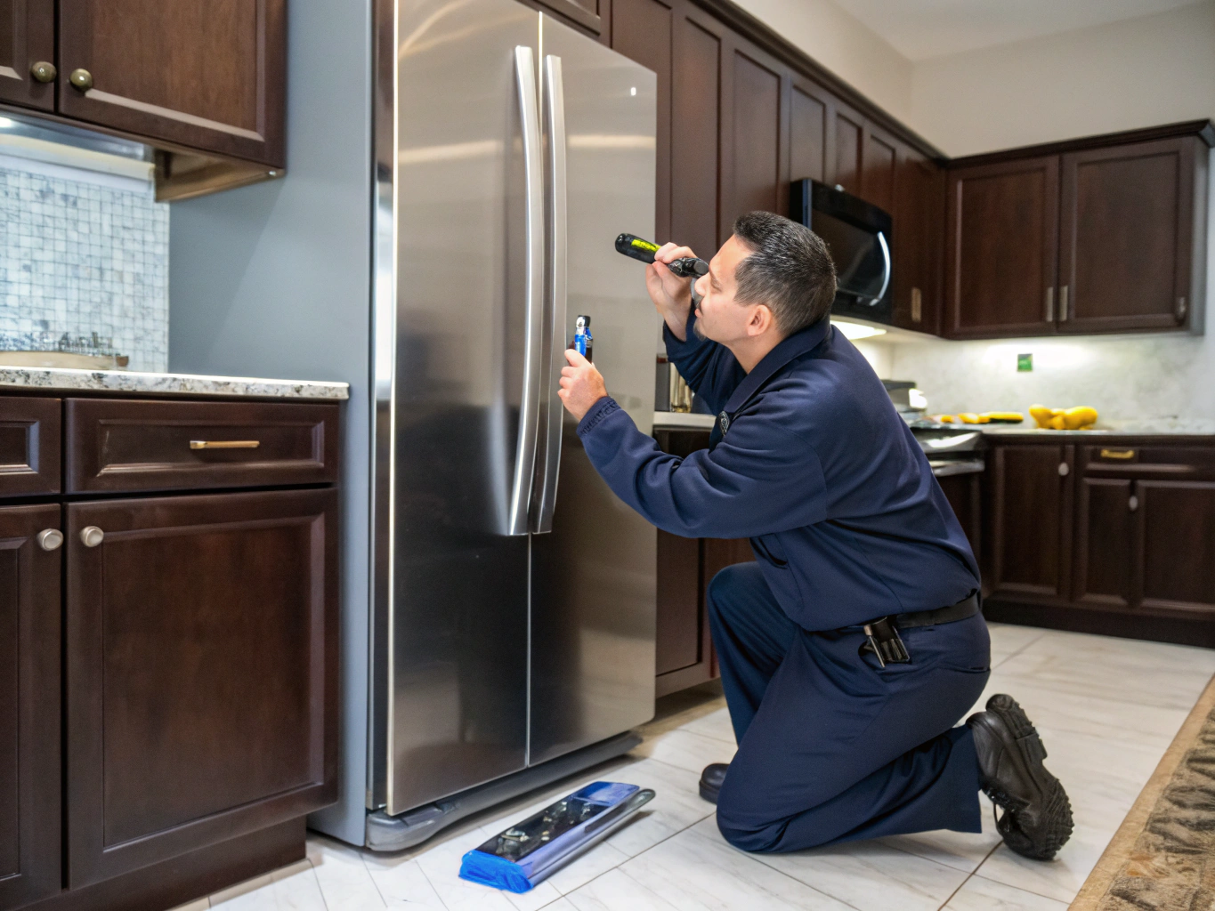 Certified technician performing electrical diagnostics on residential appliance system