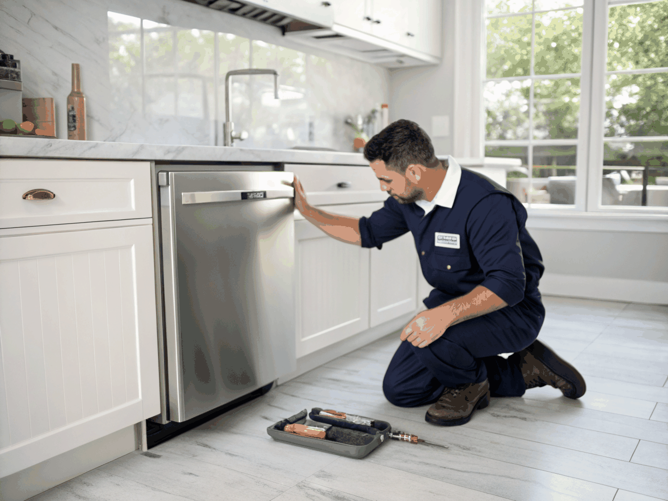 Certified appliance technician performing digital multimeter diagnostic test on residential appliance in Sandy Springs