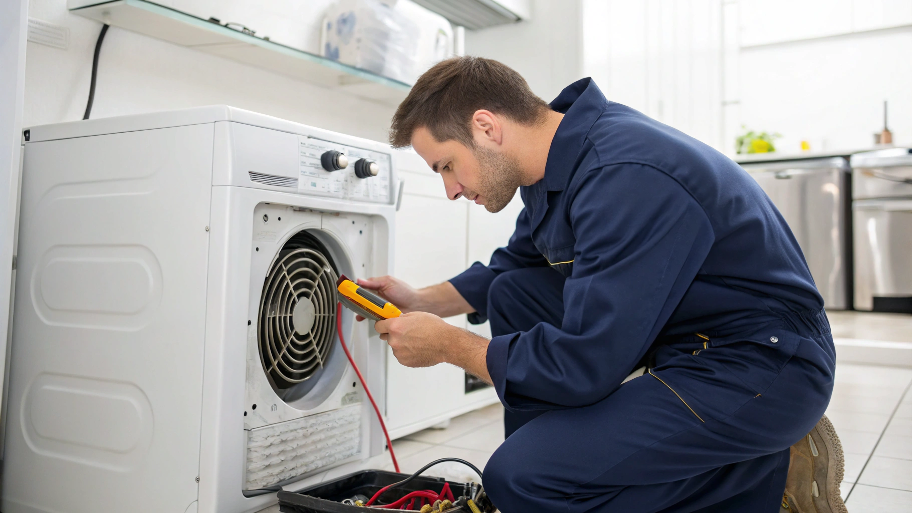 Appliance repair specialist conducting technical diagnostic testing on a clothes dryer heating circuit