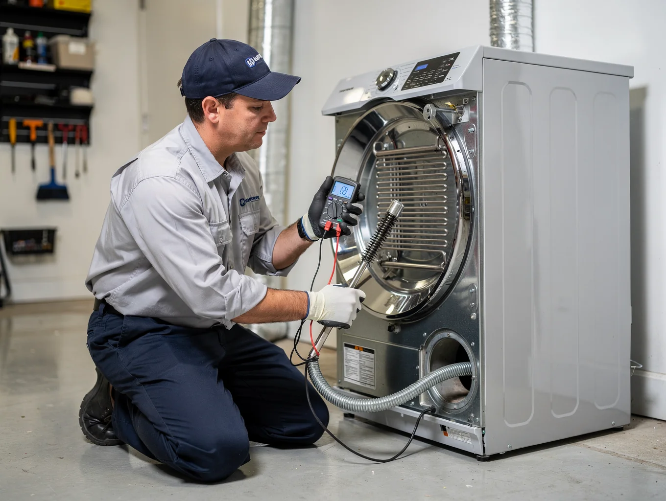 Appliance technician performing multimeter diagnostic test on residential dryer heating element and internal wiring
