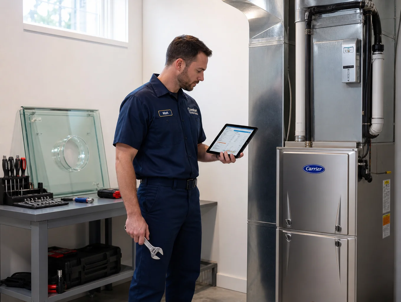 Certified HVAC technician diagnosing residential gas furnace and heating system in Sandy Springs