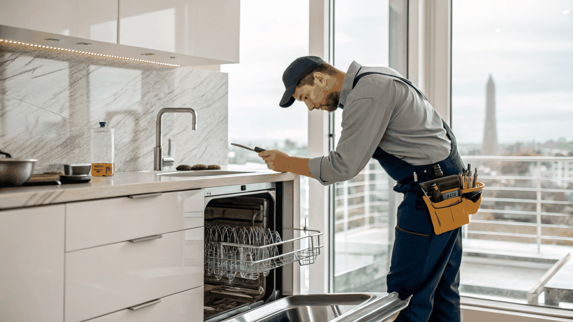 Professional appliance technician inspecting dishwasher electronics and drain assembly