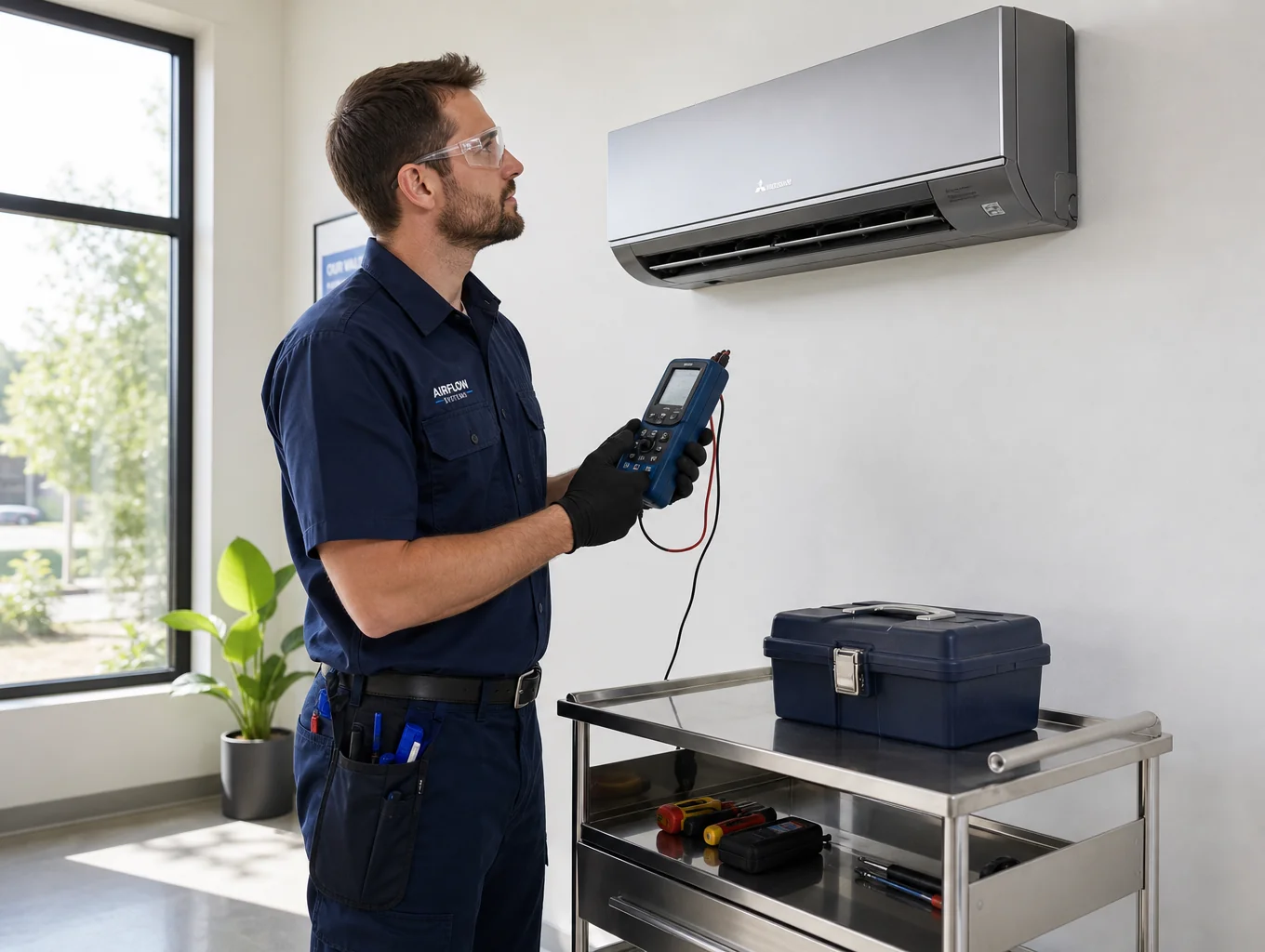 Certified technician diagnosing residential HVAC system components and wiring harness