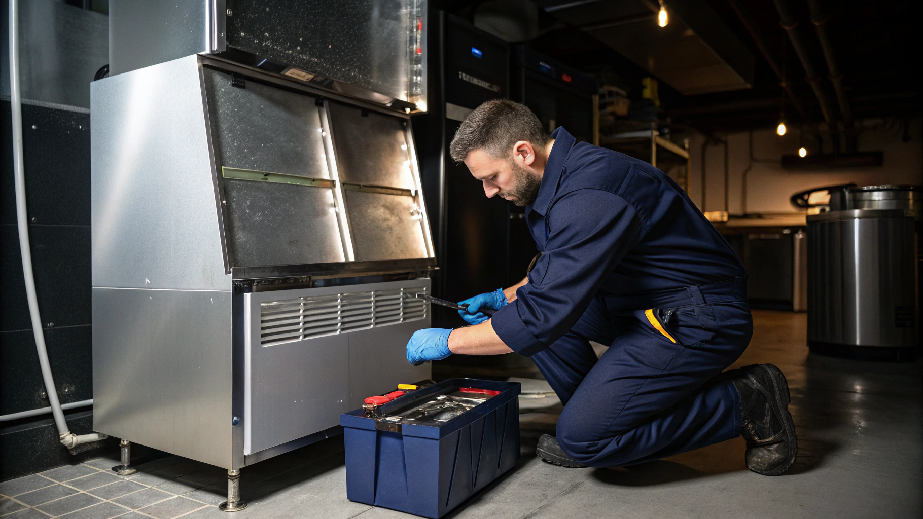 Certified technician performing precision ice maker assembly repair and diagnostics