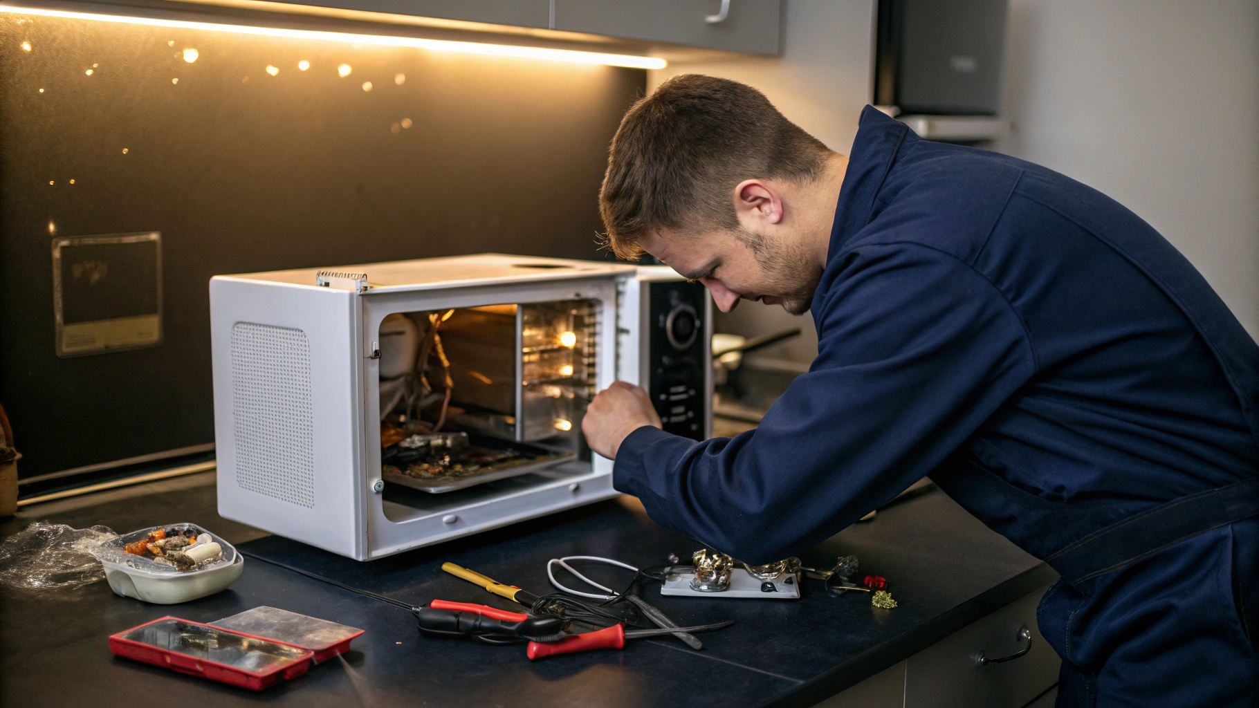 Certified technician diagnosing built-in microwave in Sandy Springs