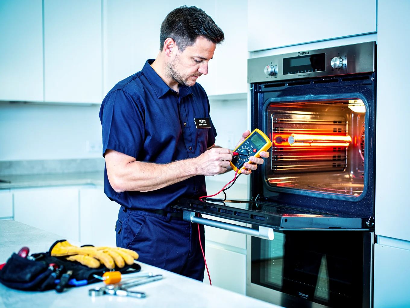Appliance technician testing oven heating element with digital multimeter