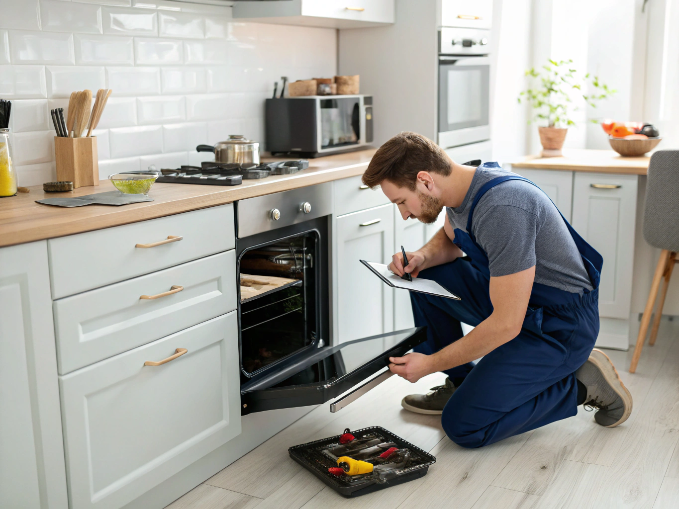 Certified technician inspecting luxury range and oven heating components in Sandy Springs
