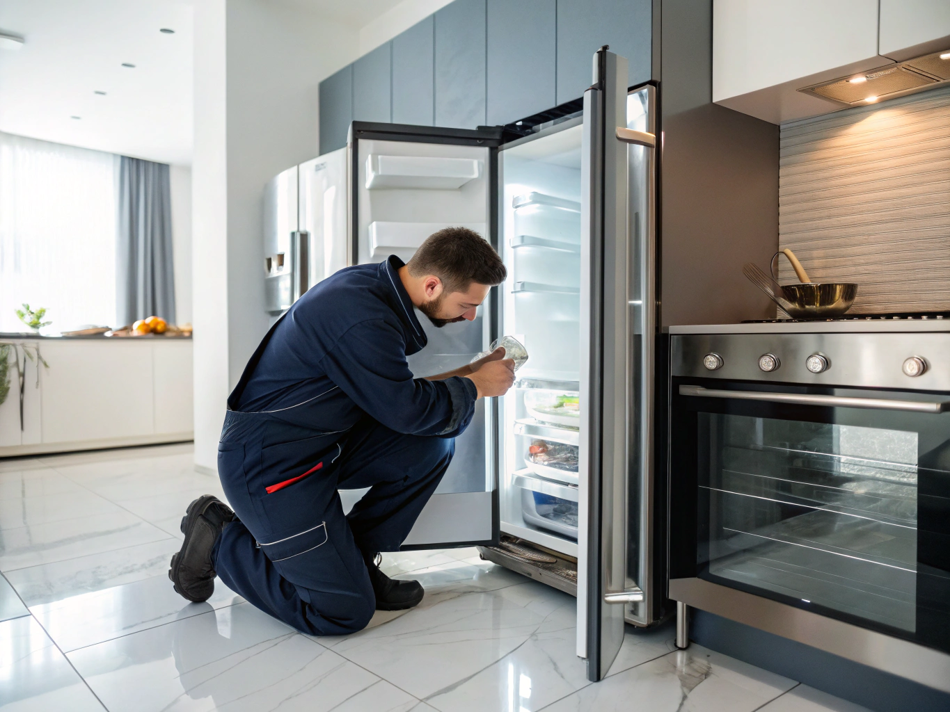 Certified Sandy Springs appliance technician diagnosing kitchen appliance circuitry