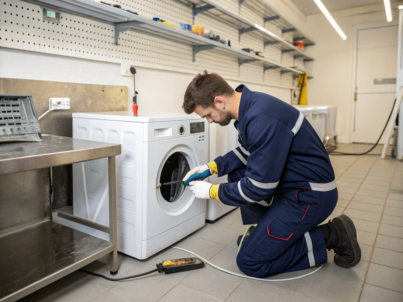 Certified technician inspecting washing machine drum and motor assembly in Sandy Springs