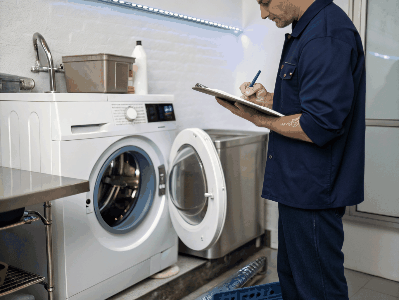 Certified appliance technician performing diagnostic troubleshooting on a washing machine