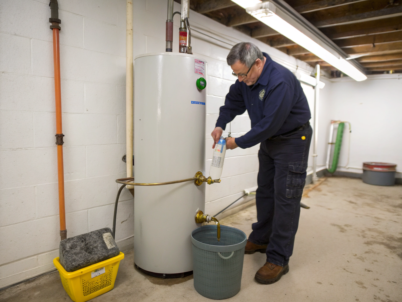 Professional technician inspecting residential water heater